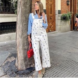 NWT RARE Zara The Jackie Ecru Floral Print Overalls Jumpsuit Wide Leg sz S